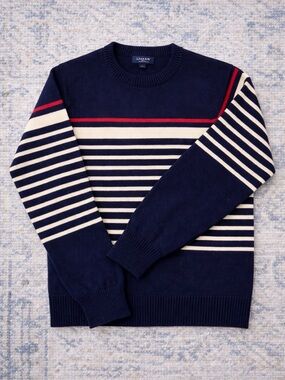 JCREW Navy Crewneck Sweater with White Stripes and Red Accent